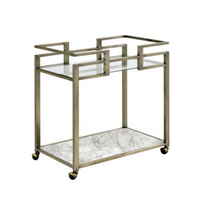 ACME Neilo Serving Cart in Clear Glass, Faux Marble & Wire Brass Finish AC00159