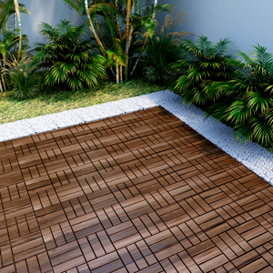 BEEFURNI 12" x 12" Square Acacia Wood Interlocking Flooring Tiles Checker Pattern Pack of 10 Tiles