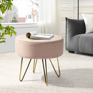 17.7" Pink and Gold Decorative Round Shaped Ottoman with Metal Legs