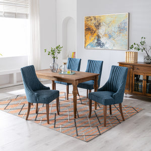 Exquisite Blue Linen Fabric Upholstered Strip Back Dining Chair with Solid Wood Legs 2 Pcs