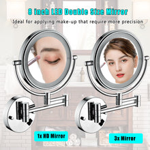 Load image into Gallery viewer, 8 Inch LED Wall Mount Two-Sided Magnifying Makeup Vanity Mirror 12 Inch Extension Chrome Finish 1X/3X Magnification Plug 360 Degree Rotation Waterproof Button Shaving Mirror
