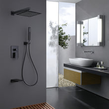 Load image into Gallery viewer, Trustmade Wall Mounted Square Rainfall Pressure Balanced Complteted Shower System with Rough-in Valve, 3 Function, 10 inches Matte Black - 3W02
