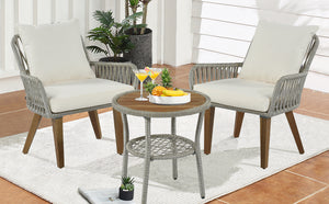 TOPMAX Patio 3-Piece Bistro Set Woven-Rope Conversation Set with Wood Tabletop and Cushions for Balcony, Gray Rope+Beige Fabric