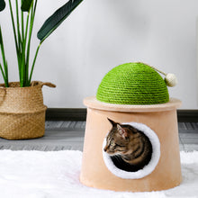 Load image into Gallery viewer, Cactus Cat Cave House with Sisal Scratching Post and sisal ball for cat kittens Green M
