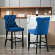 Load image into Gallery viewer, A&amp;A Furniture,Contemporary Velvet Upholstered Barstools with Button Tufted Decoration and Wooden Legs, and Chrome Nailhead Trim, Leisure Style Bar Chairs,Bar stools, Set of 2 (Blue)
