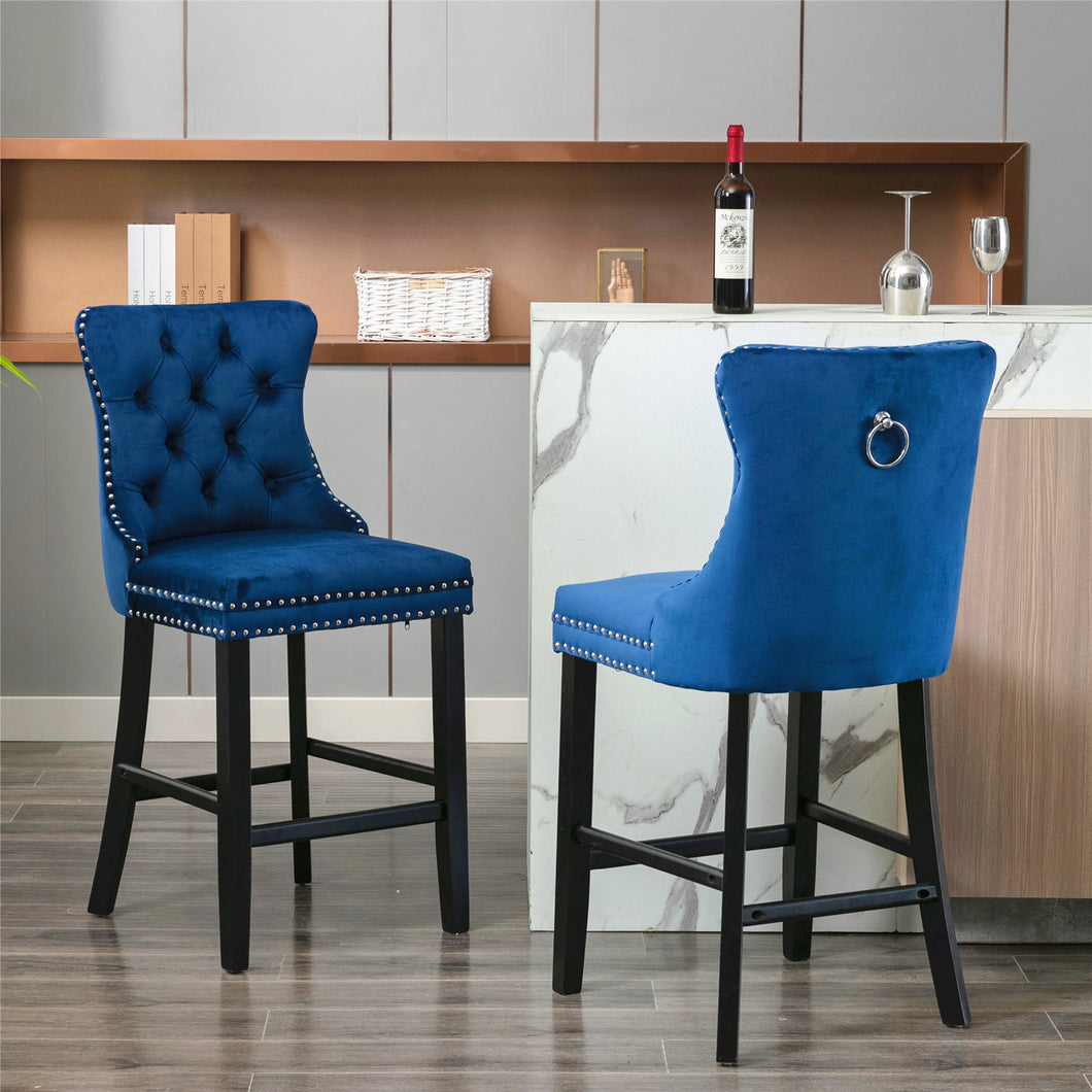 A&A Furniture,Contemporary Velvet Upholstered Barstools with Button Tufted Decoration and Wooden Legs, and Chrome Nailhead Trim, Leisure Style Bar Chairs,Bar stools, Set of 2 (Blue)