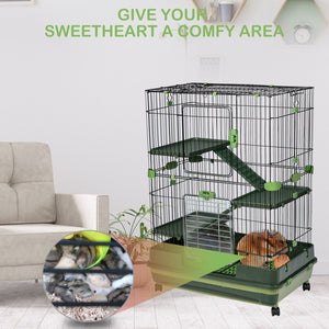 【VIDEO provided】4-Tier 32"Small Animal Metal Cage Height Adjustable with Lockable Casters  Grilles Pull-out Tray for Rabbit Chinchilla Ferret Bunny Guinea Pig Squirrel Hedgehog(GREEN)