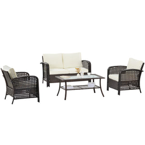 4 Pieces Outdoor Patio Furniture Sets Rattan Chair with coffee table Wicker Set, Outdoor Indoor Use Backyard Porch Garden Poolside Balcony Furniture Sets (Brown)