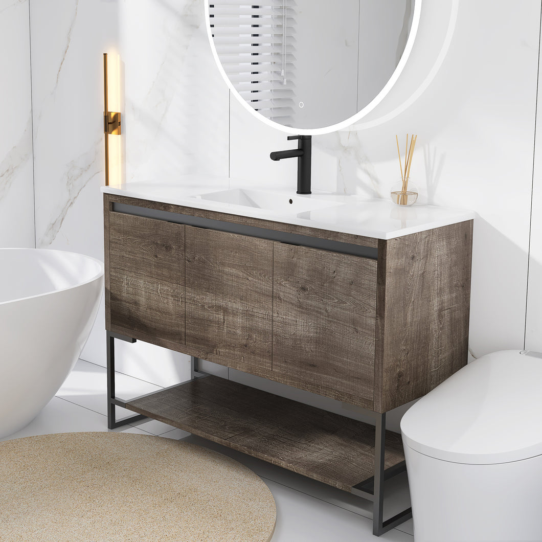 48 inch Bathroom Vanity with Sink, Freestanding Bathroom Vanities with Soft Close Doors and Open Shelf Combo with Single Ceramic Sink for Bathroom (48inch, Plaid Grey Oak)