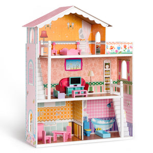 Wooden Dollhouse with 2 Stairs, Balcony and 15 Accessories ,Gift for Ages 3+