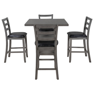 TREXM 5-Piece Wooden Counter Height Dining Set, Square Dining Table with 2-Tier Storage Shelving and 4 Padded Chairs, Gray
