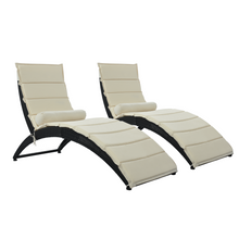Load image into Gallery viewer, GO Patio Wicker Sun Lounger, PE Rattan Foldable Chaise Lounger with Removable Cushion and Bolster Pillow, Black Wicker and Beige Cushion (2 sets)
