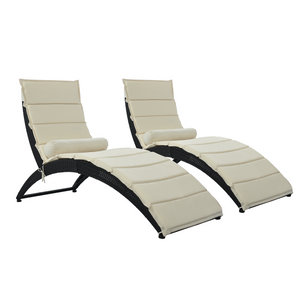 GO Patio Wicker Sun Lounger, PE Rattan Foldable Chaise Lounger with Removable Cushion and Bolster Pillow, Black Wicker and Beige Cushion (2 sets)
