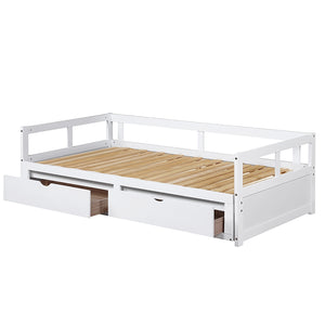 Wooden Daybed with Trundle Bed and Two Storage Drawers , Extendable Bed Daybed,Sofa Bed for Bedroom Living Room,White
