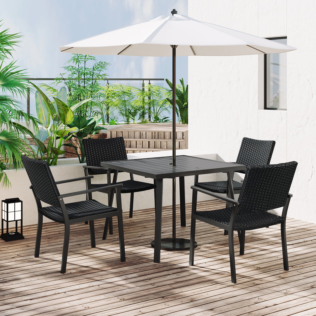 TOPMAX Outdoor Patio PE Wicker 5-Piece Dining Table Set with Umbrella Hole and 4 Dining Chairs for Garden, Deck,Black Frame+Black Rattan