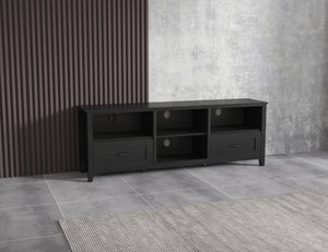 70.08 Inch Length Black TV Stand for Living Room and Bedroom, with 2 Drawers and 4 High-Capacity Storage Compartment.