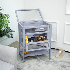 Hamster Wooden Cage with Pull Out Tray, Indoor/Outdoor Pet House for Small Animals, Transparent Acrylic Plate - Gray