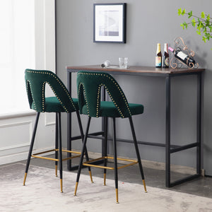 A&A Furniture,Akoya Collection Modern | Contemporary Velvet Upholstered Connor 28" Bar Stool & Counter Stools with Nailheads and Gold Tipped Black Metal Legs,Set of 2 (Green)
