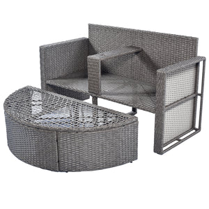 TOPMAX 2-Piece All-Weather PE Wicker Conversation Set Rattan Sofa Set Outdoor Patio Half-moon Sectional Furniture Set w/ Side Table for Umbrella, Gray Rattan+Gray Cushion