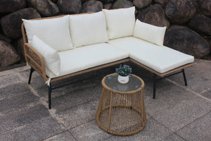 3PCS Outdoor Patio Balcony L Shape Natural Color Wicker Sofa Set with Beige Cushion And Round Tempered Glass Table