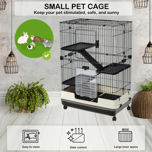 【VIDEO provided】4-Tier 32"Small Animal Metal Cage Height Adjustable with Lockable Casters  Grilles Pull-out Tray for Rabbit Chinchilla Ferret Bunny Guinea Pig Squirrel Hedgehog(BLACK)