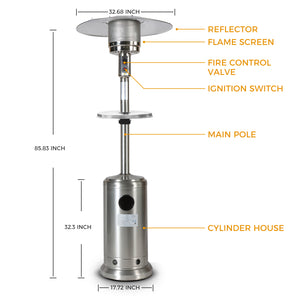 46000BTU Propane Stainless Steel Mushroom Outdoor Patio Heater, with Two Smooth-rolling Wheels,with Hose Set,with Black Cover,with Round Side Table