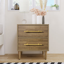 Load image into Gallery viewer, Mid-Century Modern Nightstand with Golden Handles, Two-Drawer, Natural Walnut
