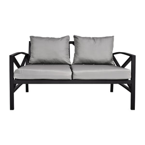 Outdoor Metal Loveseat with Cushions, All-Weather Outdoor Gray Metal 2 Seats Sofa Couch with Grey Cushions