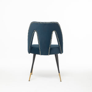 A&A Furniture,Akoya Collection Modern | Contemporary Velvet Upholstered Dining Chair with Nailheads and Gold Tipped Black Metal Legs,Blue,Set of 2
