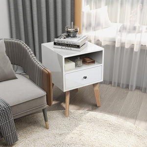 White Nightstand Side Table Side Table with Storage Drawers and Open Shelves Solid Wood Nightstand with Solid Wood Legs Modern Nightstand Bedroom Living Room (White)