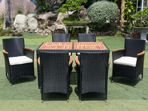 EELIFEE 7 piece Outdoor Patio Wicker Dining Set Patio Wicker Furniture Dining Set w/Acacia Wood Top