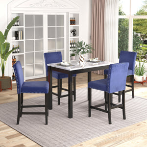 TOPMAX Modern 5-Piece Counter Height Dining Table Set with 4 Upholstered Dining Chairs, Faux Marble White Table+Blue Chairs