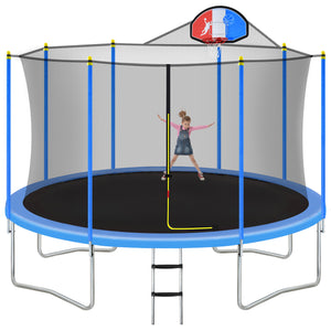 14FT Trampoline for Kids with Safety Enclosure Net, Basketball Hoop and Ladder, Easy Assembly Round Outdoor Recreational Trampoline