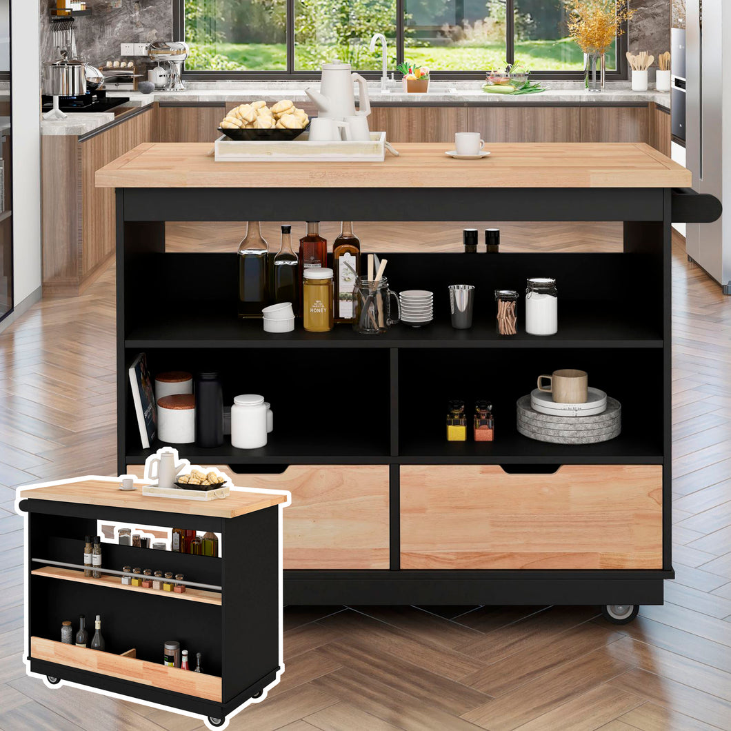 Kitchen Cart Rolling Mobile Kitchen Island Solid Wood Top, Kitchen Cart With 2 Drawers,Tableware Cabinet（Black）