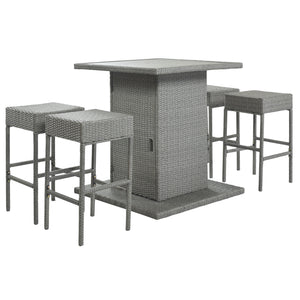 TOPMAX Patio 5-Piece Rattan Dining Table Set, PE Wicker Square Kitchen Table Set with Storage Shelf and 4 Padded Stools for Poolside, Garden, Gray Wicker+Dark Gray Cushion