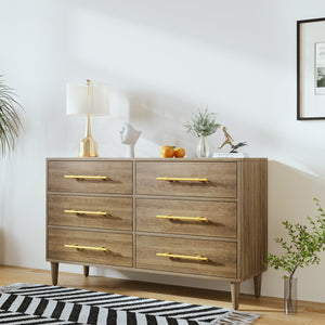 Mid-Century Modern Dresser with Golden Handles, Six-Drawer, Natural Walnut（mirror not included）