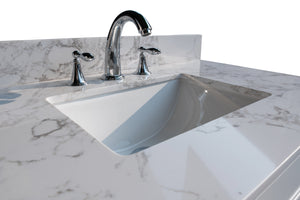 Montary 61‘’x22" bathroom stone vanity top  engineered stone carrara white marble color with double rectangle undermount ceramic sink and 3 faucet hole with back splash .