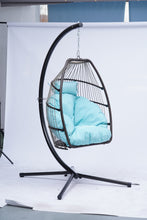 Load image into Gallery viewer, Patio Wicker folding Hanging Chair,Rattan Swing Hammock Egg Chair with C Type bracket , with cushion and pillow,for Indoor,Outdoor，Blue
