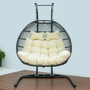 Double-Seat Folding Hanging Swing Chair with Stand w/Beige Cushion