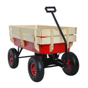 Outdoor Wagon All Terrain Pulling w/Wood Railing Air Tires Children Kid Garden（Red）