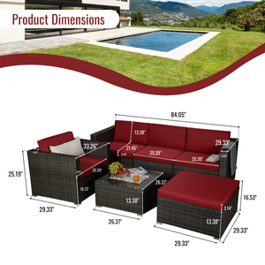Beefurni Outdoor Garden Patio Furniture 6-Piece Gray PE Rattan Wicker Sectional Red Cushioned Sofa Sets with 1 Beige Pillow