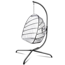 Load image into Gallery viewer, Swing Egg Chair with Stand Indoor Outdoor Wicker Rattan Patio Basket Hanging Chair with C Type bracket , with cushion and pillow,Patio Wicker folding Hanging Chair
