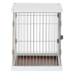 34" Length Elegant Wooden Structure White Dog Cage Crate, End Table with movable salver, Decorative Dog House Cage Indoor Use, Furniture style, with wide table top.