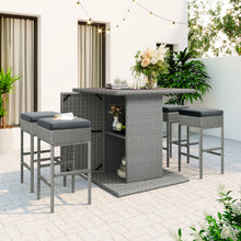 Load image into Gallery viewer, TOPMAX Patio 5-Piece Rattan Dining Table Set, PE Wicker Square Kitchen Table Set with Storage Shelf and 4 Padded Stools for Poolside, Garden, Gray Wicker+Dark Gray Cushion
