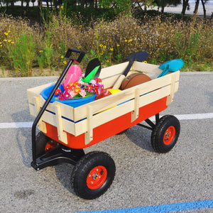 Outdoor Wagon All Terrain Pulling w/Wood Railing Air Tires Children Kid Garden（Red）