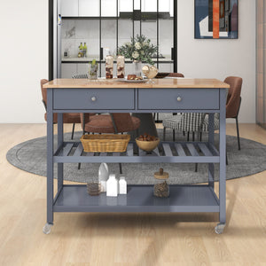 Rolling Kitchen Cart with Solid Wood Top and Locking Wheels，43.3 Inch Width，Two Open Spacious Storage Shelves and Two Drawers，Bamboo Wood Frame （Grey Blue）