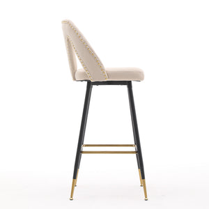 A&A Furniture,Akoya Collection Modern | Contemporary Velvet Upholstered Connor 28" Bar Stool & Counter Stools with Nailheads and Gold Tipped Black Metal Legs,Set of 2 (Beige)