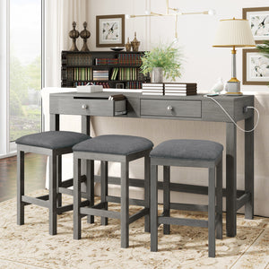 TOPMAX 4-Piece Counter Height Table Set with Socket and Fabric Padded Stools, Gray