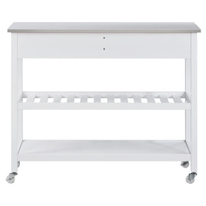 Rolling Kitchen Cart with Stainless Steel Top and Locking Wheels，43.3 Inch Width，Two Open Spacious Storage Shelves and Two Drawers，Bamboo Wood Frame （White）