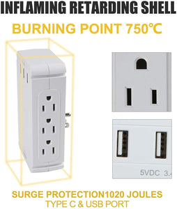 Set of 2 Wall Outlet Extender Surge Protector Multifunctional Outlet Wall Plug with 3 USB Ports(3.4A Total), 8 AC Outlets, Removable Outlet Shelf